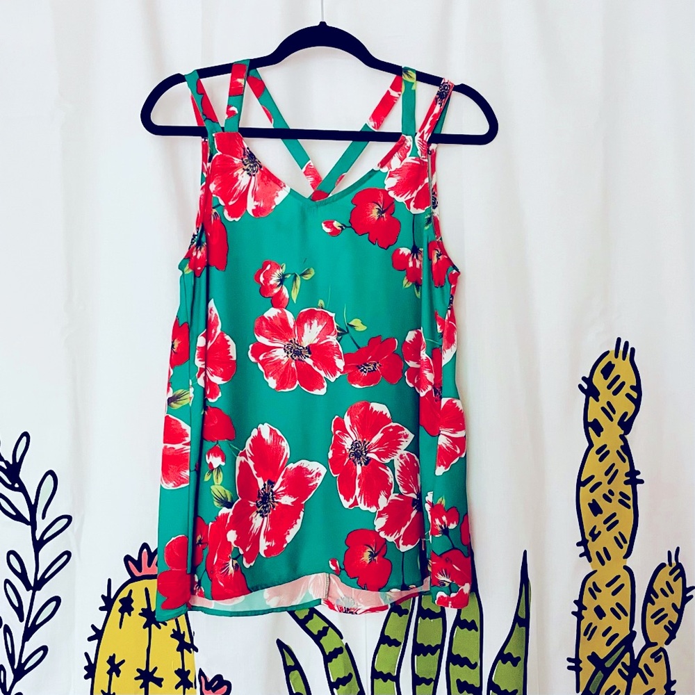 Red & Green Floral PINK LILY Women’s Strap Top Small